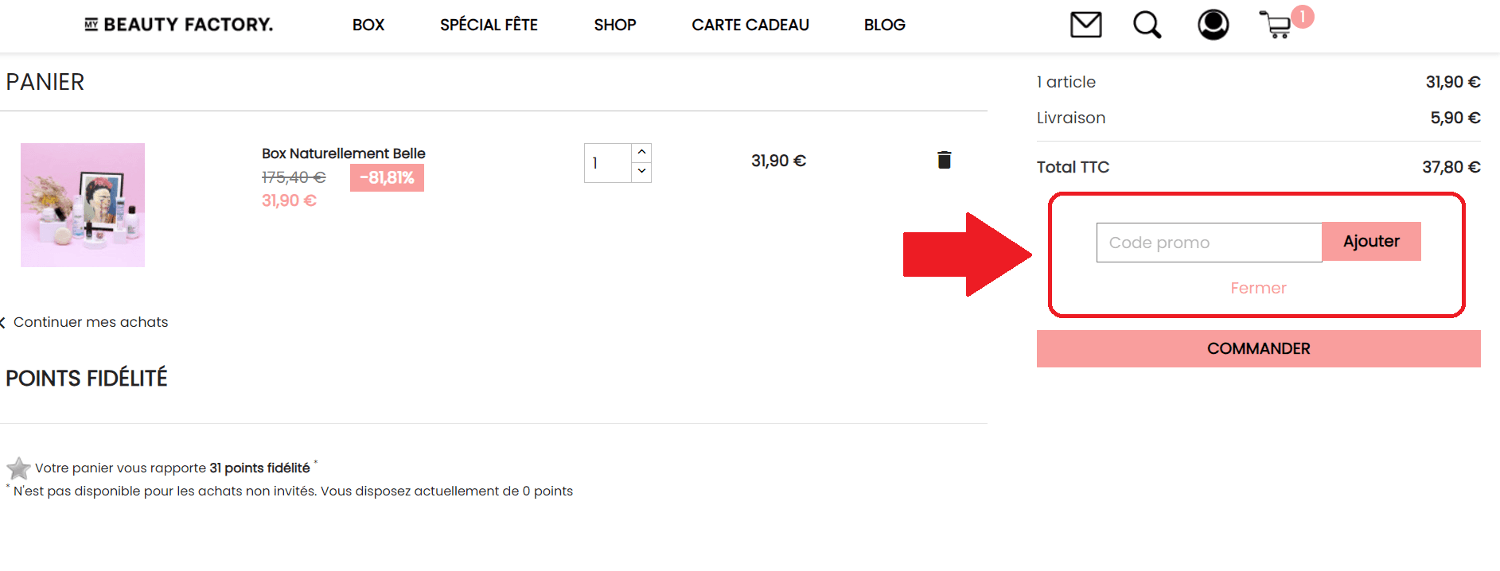 emplacement pour code promo My Beauty Factory