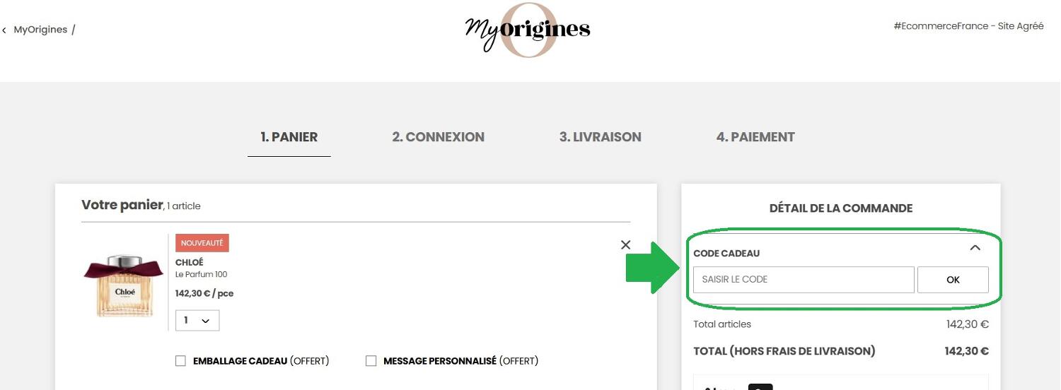 panier d&apos;achat avec emplacement pour code promo MyOrigines