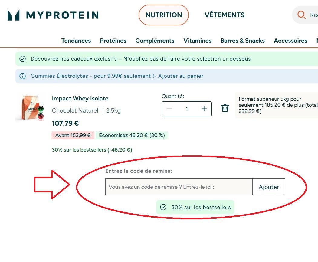Panier d'achat avec emplacement pour code promo Myprotein