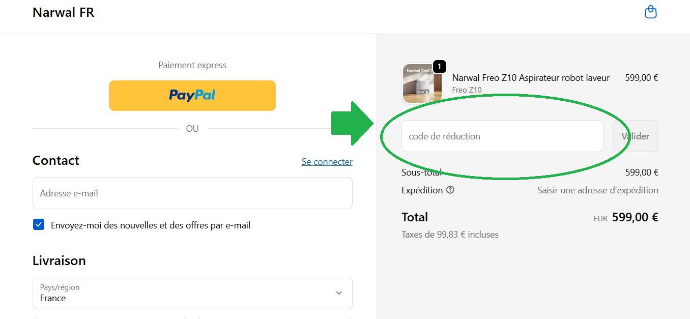 panier d&apos;achat avec emplacement pour code promo Narwal
