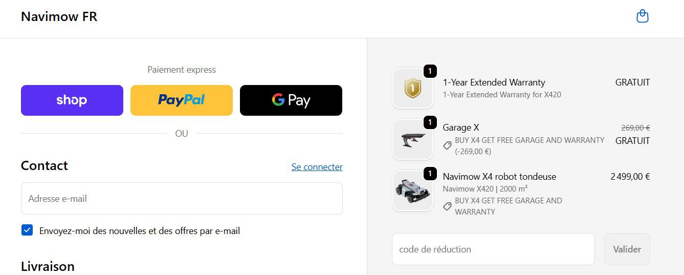 panier d'achat avec emplacmenet pour code promo Navimow