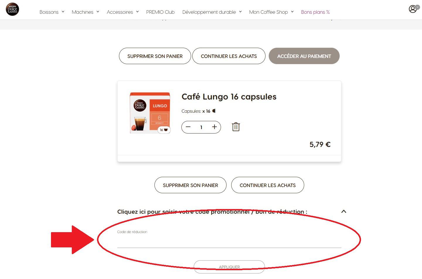 panier d'achat avec emplacement pour code promo Nescafé Dolce Gusto