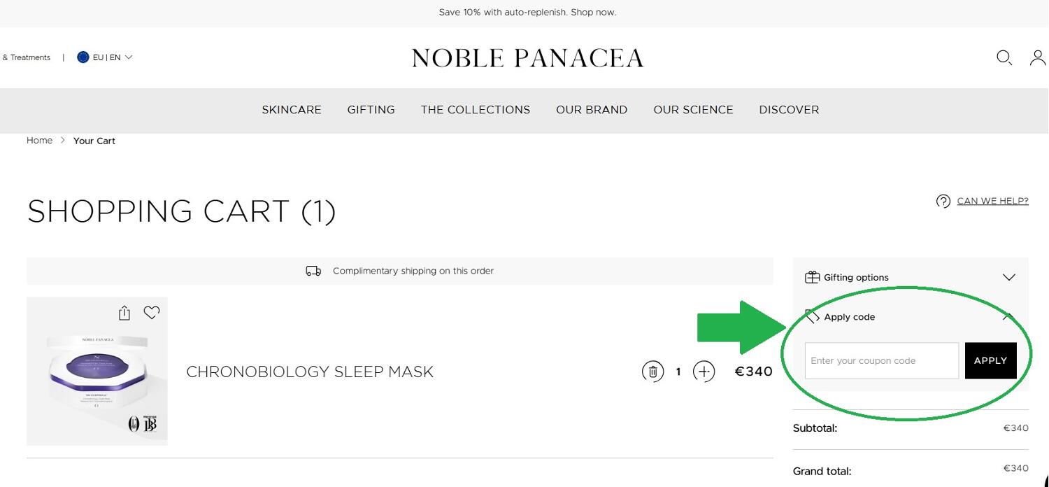 panier d&apos;achat avec emplacement pour code promo Noble Panacea