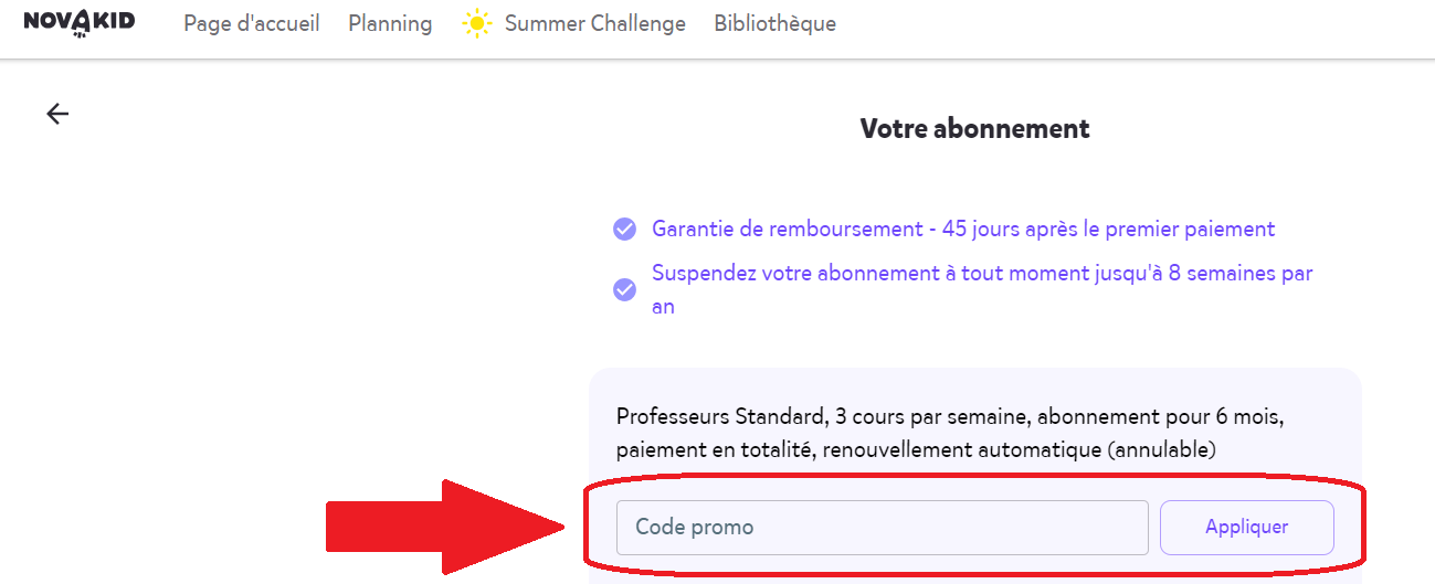 panier avec emplacement pour code promo Novakid