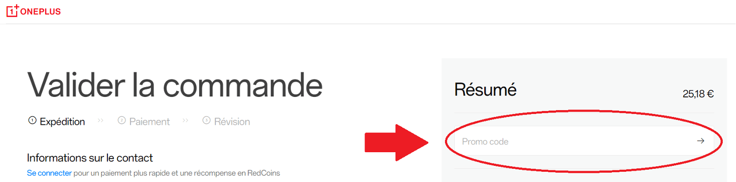 panier avec emplacement pour code promo OnePlus