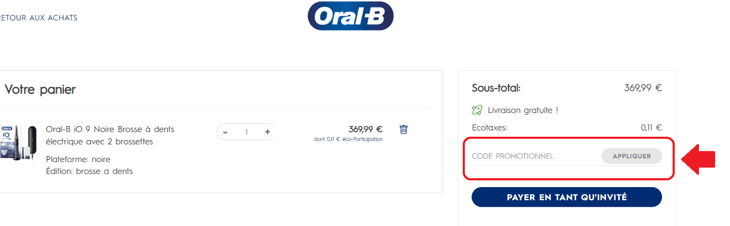 Emplacement pour code promo Oral-B