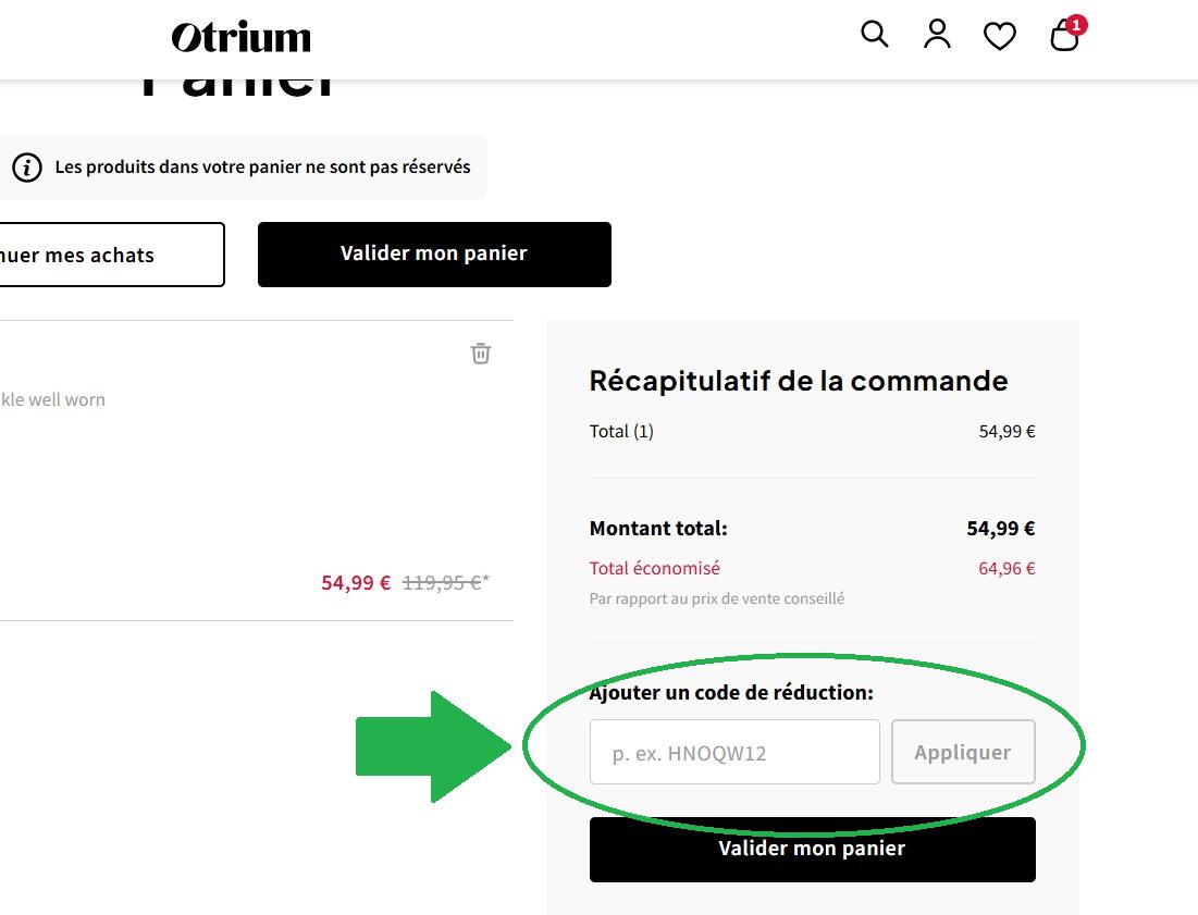 panier d&apos;achat avec emplacement pour code promo Otrium
