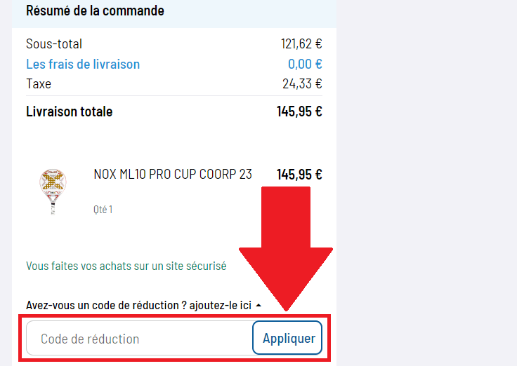 Panier de commande avec emplacement pour code promo Padel Nuestro