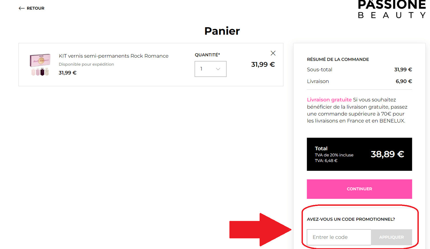 emplacement pour code promo Passione Beauty