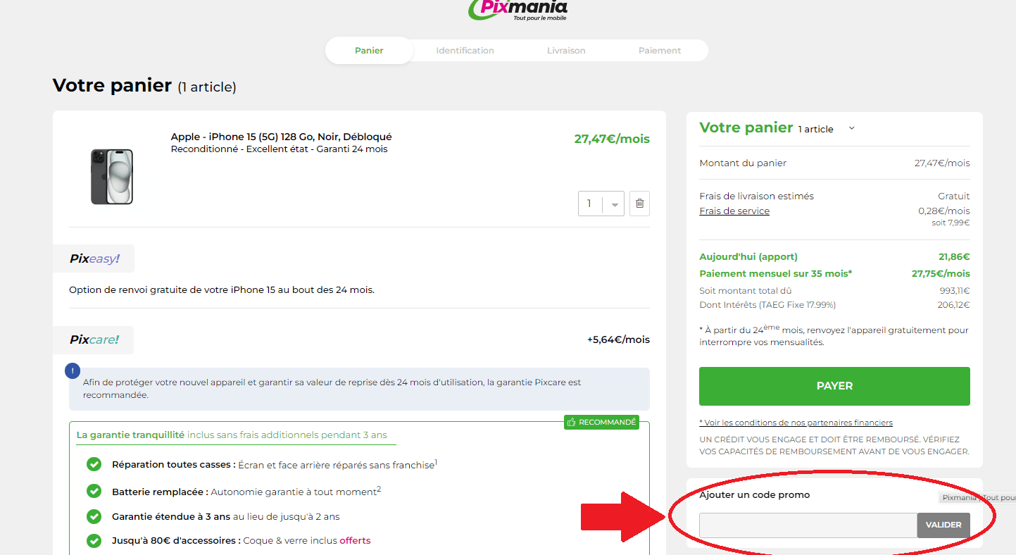 panier d&apos;achat avec emplacement pour code promo Pixmania
