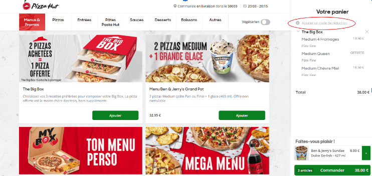 panier avec emplacement pour code promo Pizza Hut