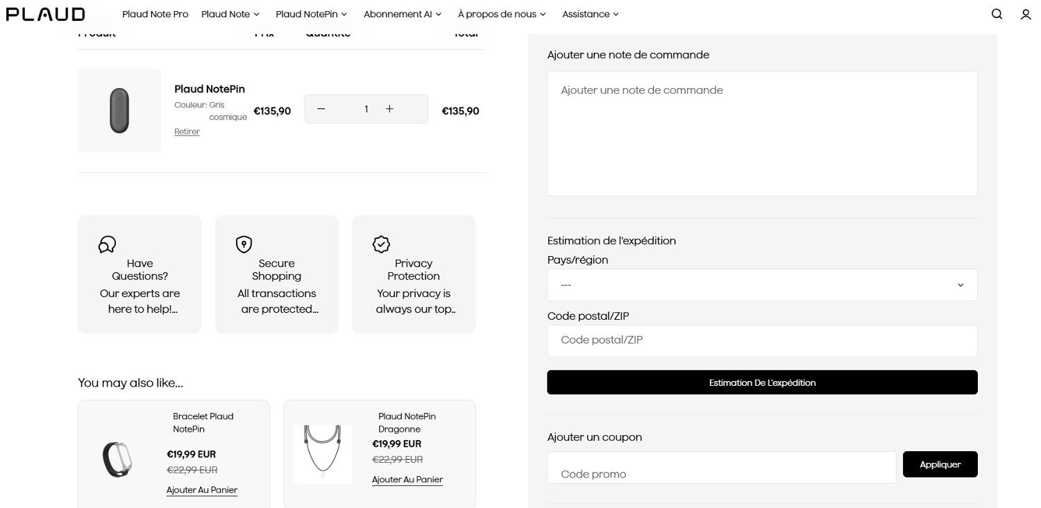 panier d&apos;achat avec emplacement pour code promo Plaud