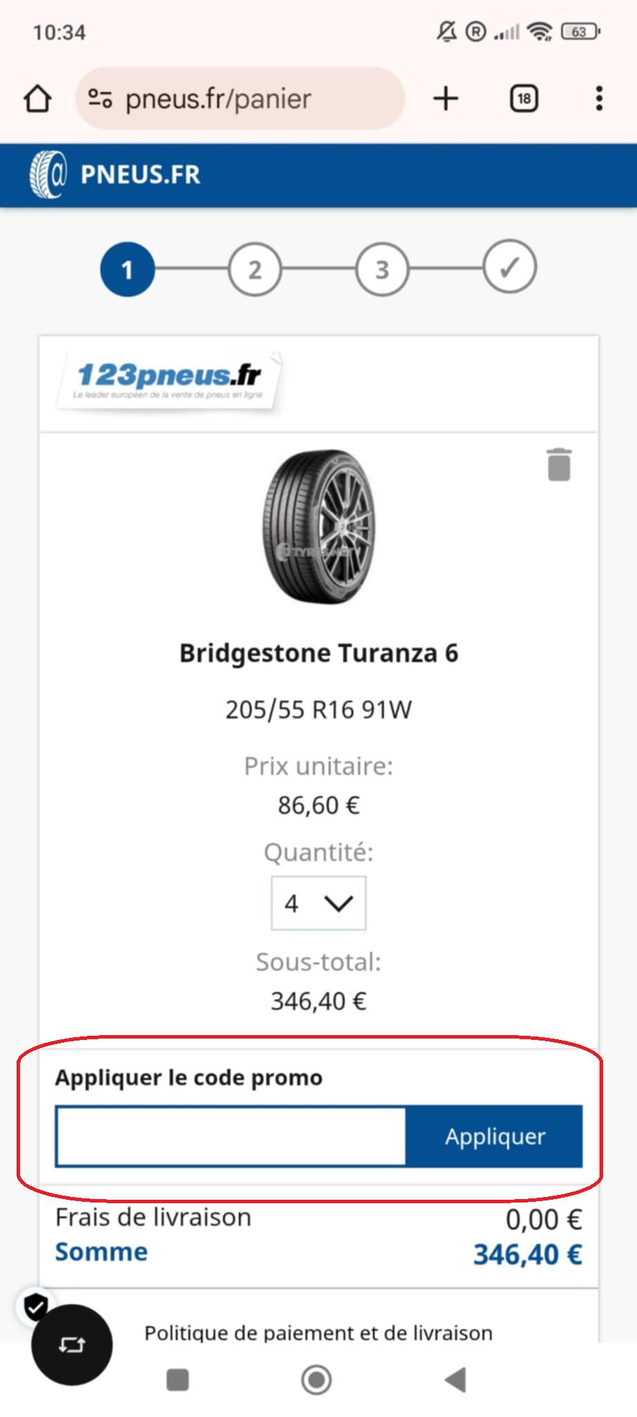 panier d&apos;achat avec emplacement pour code promo Pneus.fr