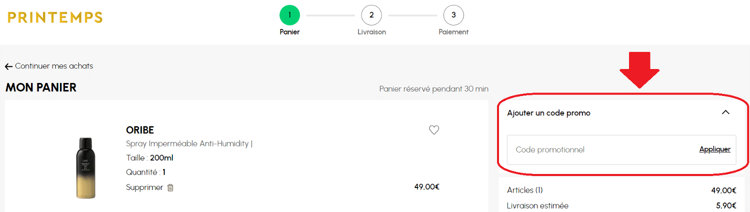 panier avec emplacement pour code promo Printemps.com