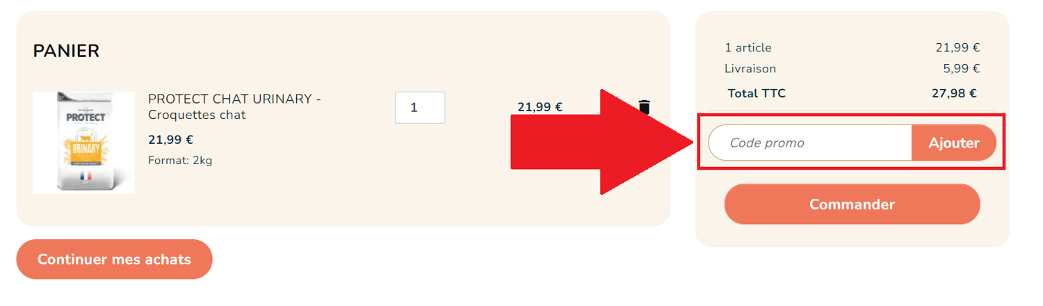 Emplacement pour code promo Pro-Nutrition dans le panier en ligne