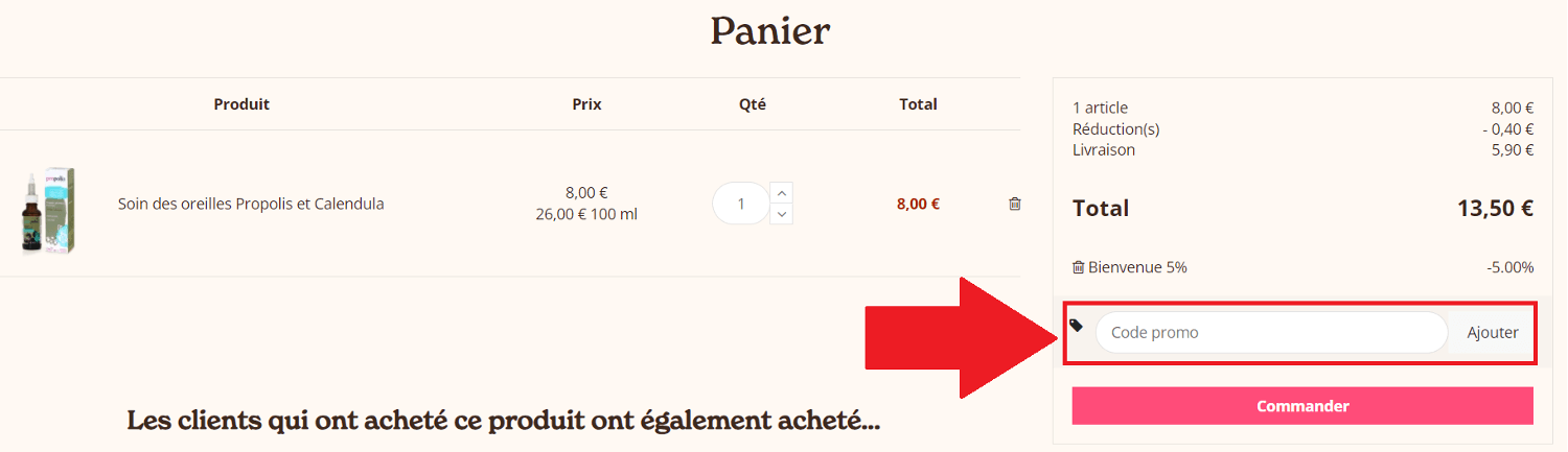 Panier de commande avec emplacement pour code promo Propolia