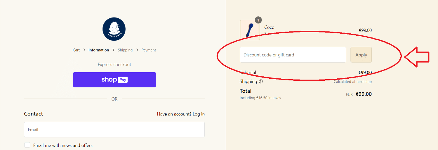 emplacement pour code promo Puissante