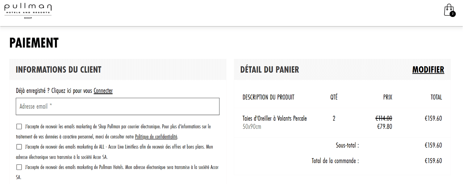panier d&apos;achat sans emplacement pour code promo Pullman