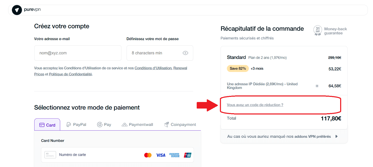 panier d&apos;achat avec emplacement pour code promo PureVPN