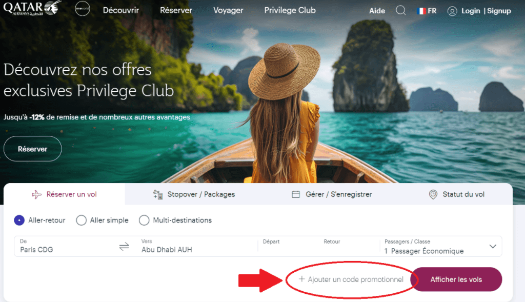 emplacement pour code promo Qatar Airways