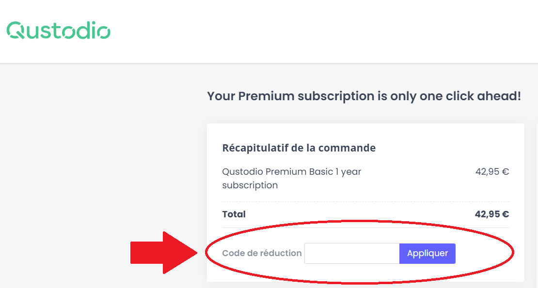panier avec emplacement pour code promo Qustodio