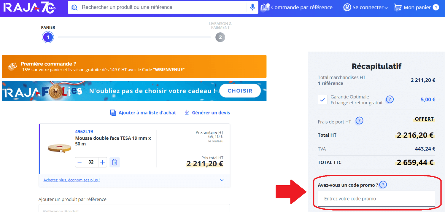 panier avec emplacement pour code promo Raja