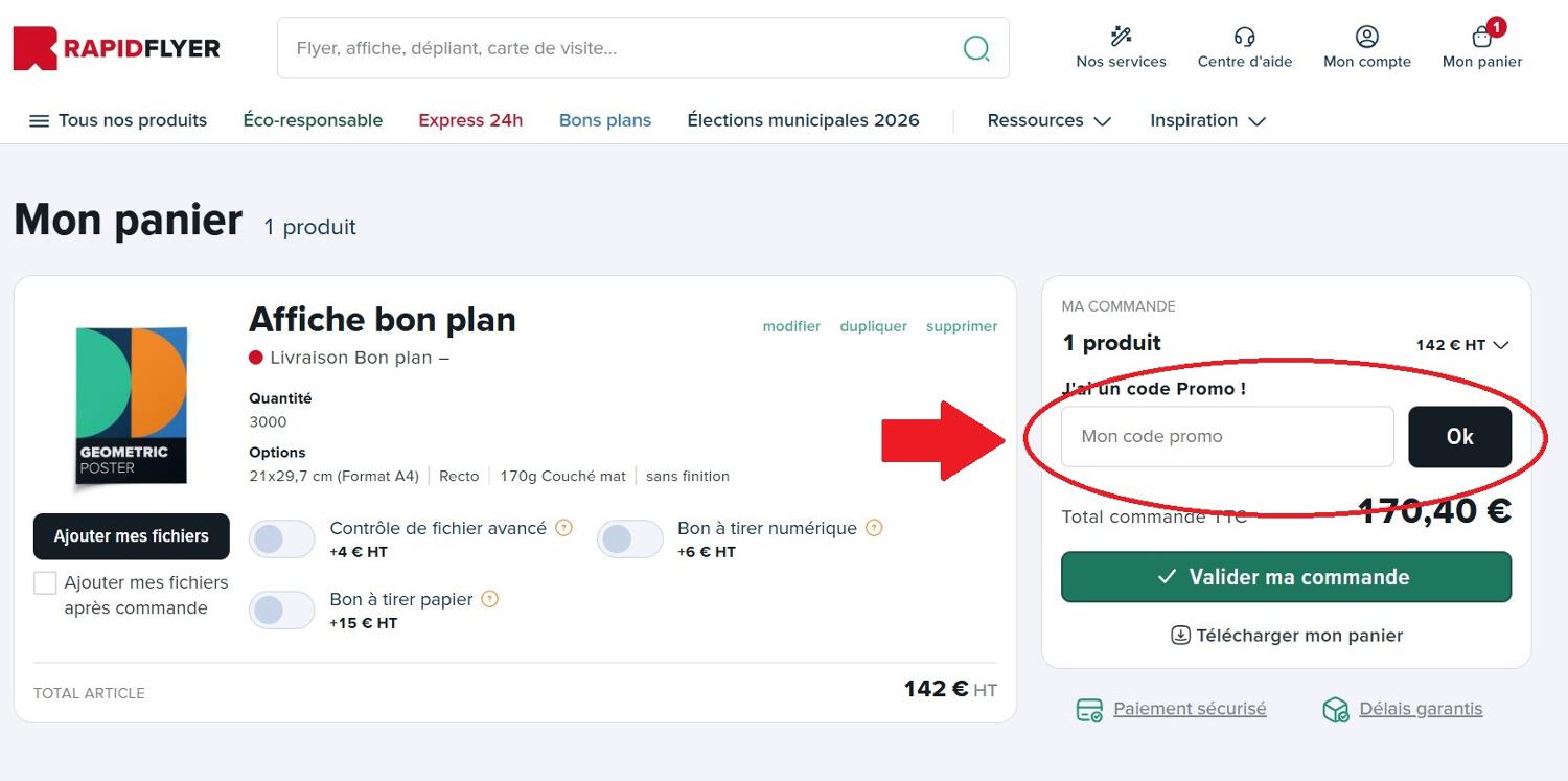 panier d'achat avec emplacement pour code promo Rapid Flyer