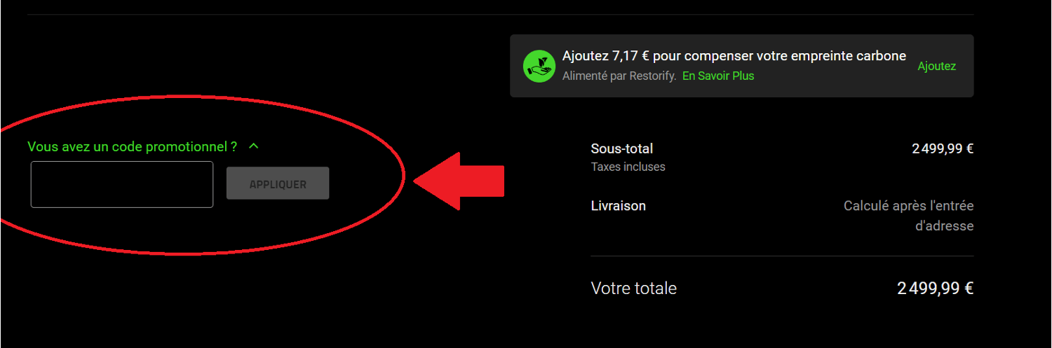 panier avec emplacement pour code promo Razer