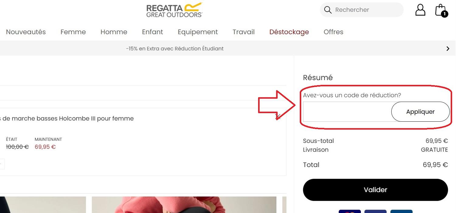 panier d&apos;achat avec emplacement pour code promo Regatta