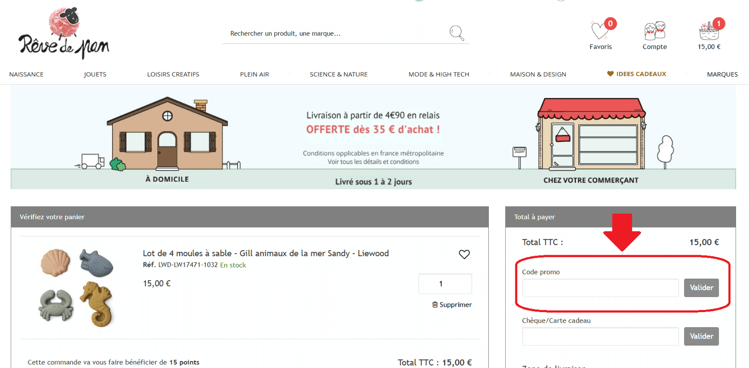 panier d&apos;achat avec emplacement pour code promo Rêve de Pan