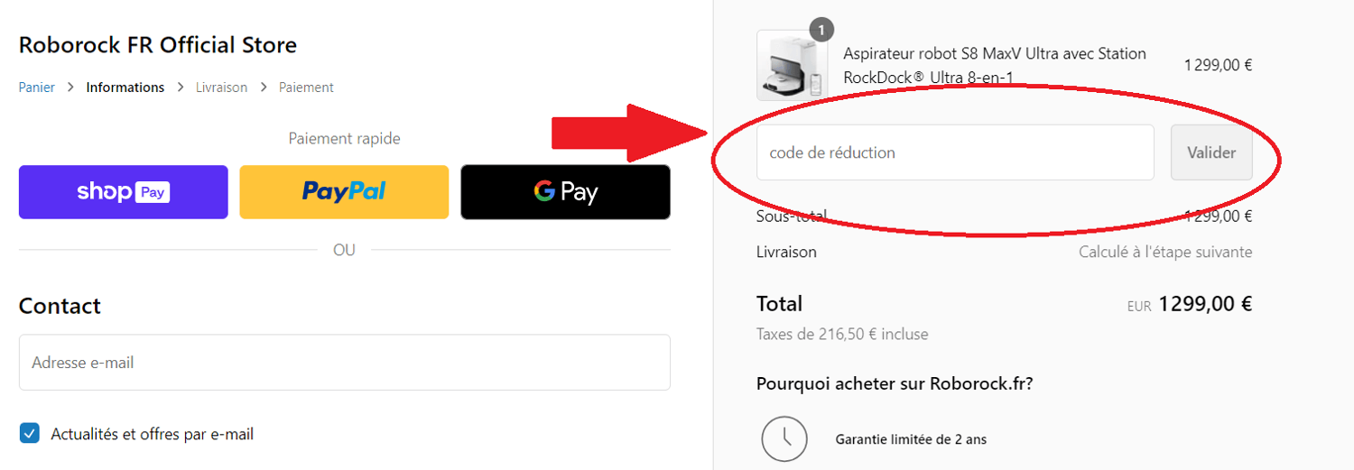 panier d&apos;achat avec emplacement pour code promo Roborock