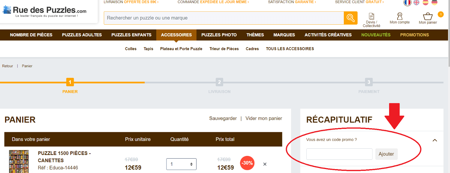 panier d&apos;achat avec emplacement pour code promo Rue des Puzzles