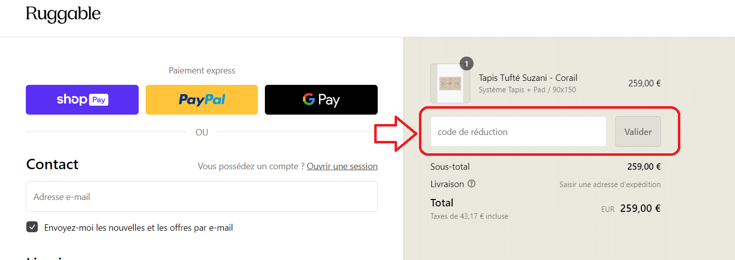 panier avec emplacement pour code promo Ruggable