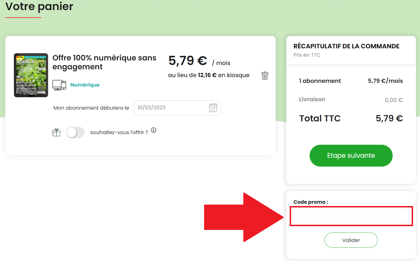 Emplacement pour code promo Rustica