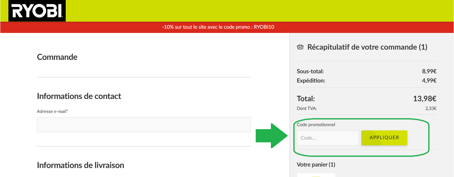 panier d&apos;achat avec emplacement pour code promo Ryobi