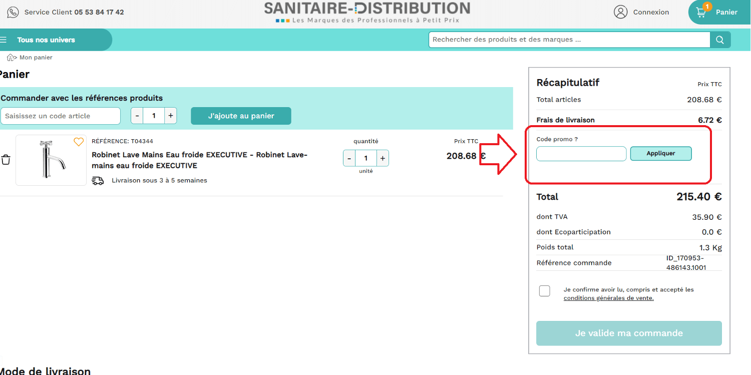 emplacement pour code promo Sanitaire Distribution