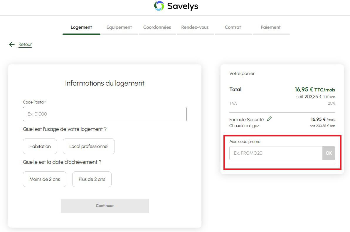 Panier d'achat avec emplacement pour code promo Savelys
