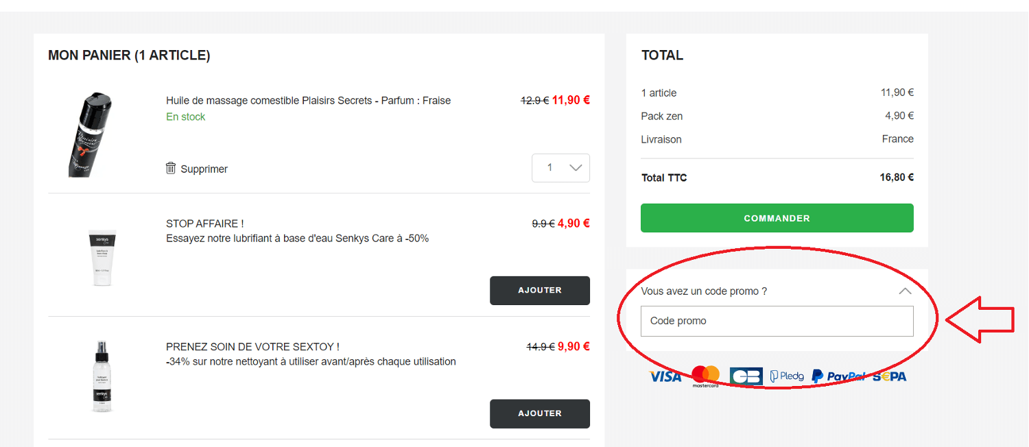 panier avec emplacement pour code promo Senkys