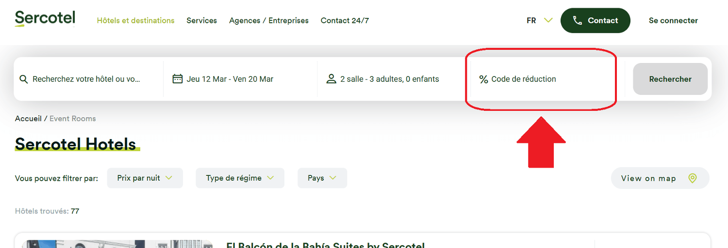 réservation avec emplacement pour code promo Sercotel
