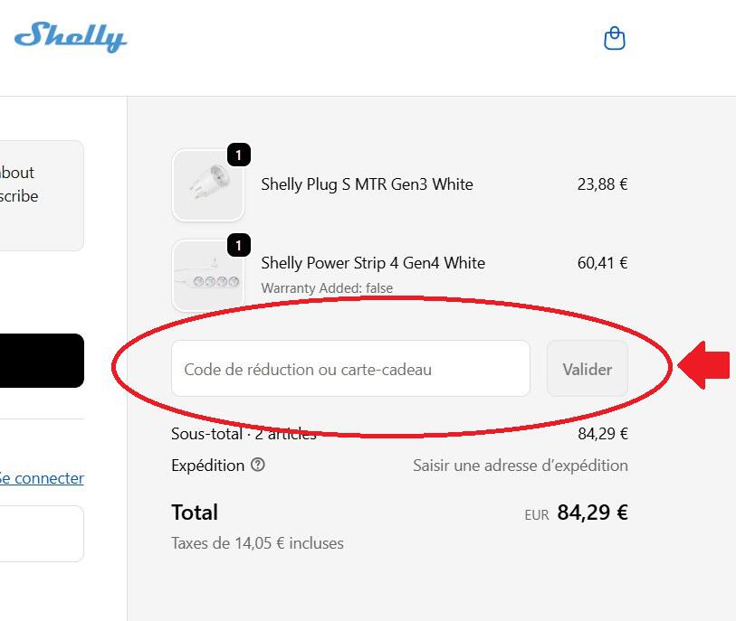 panier d'achat avec emplacement pour code promo Shelly