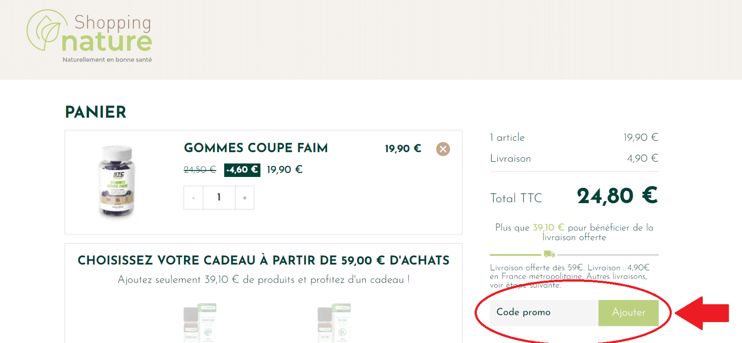 panier avec emplacement pour code promo Shopping Nature