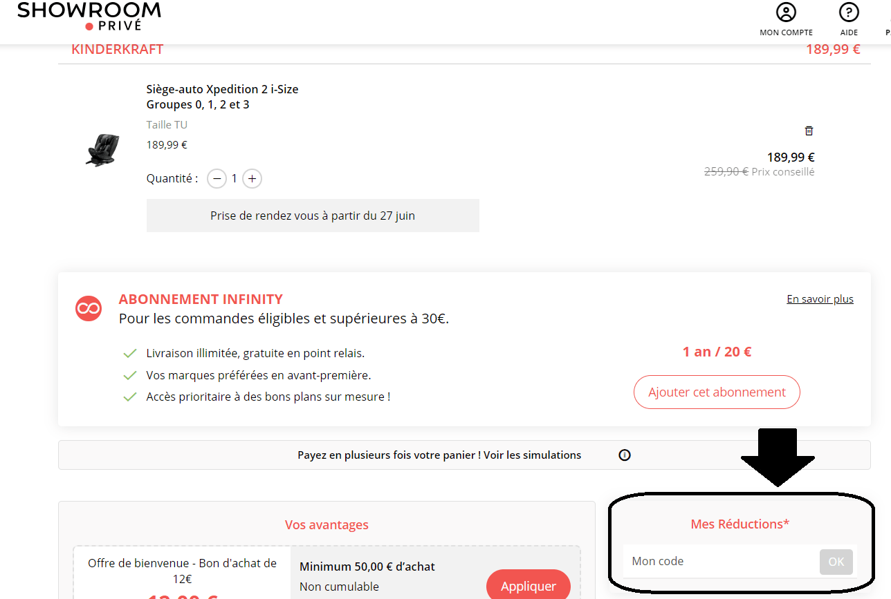 panier d&apos;achat avec emplacement pour code promo Showroomprivé