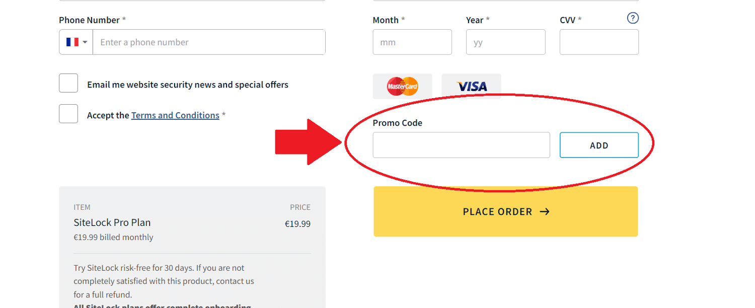 panier avec emplacement pour code promo SiteLock