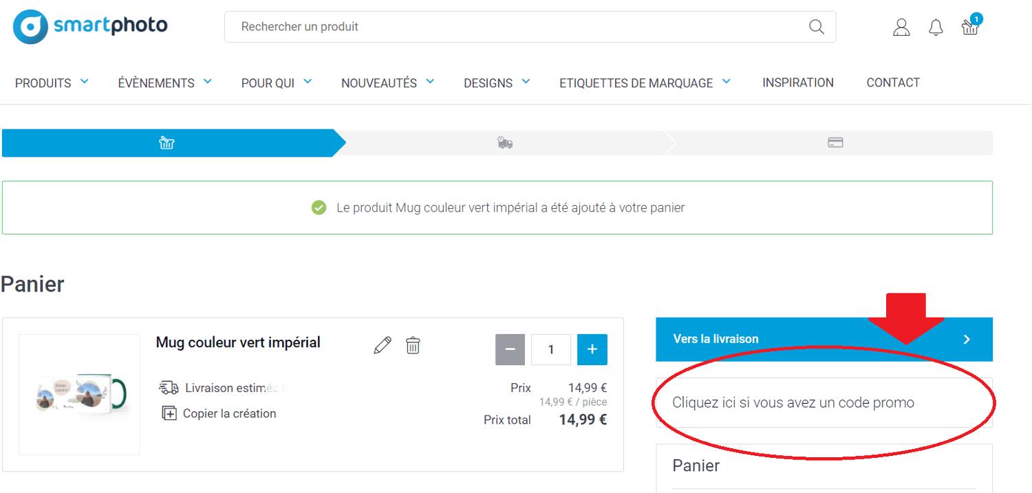 panier avec emplacement pour code promo smartphoto
