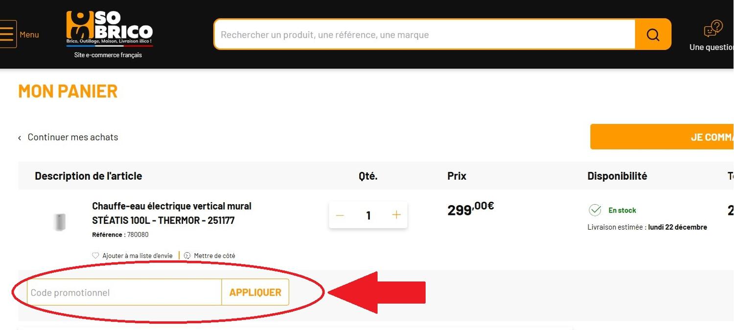 panier d'achat avec emplacement pour code promo Sobrico