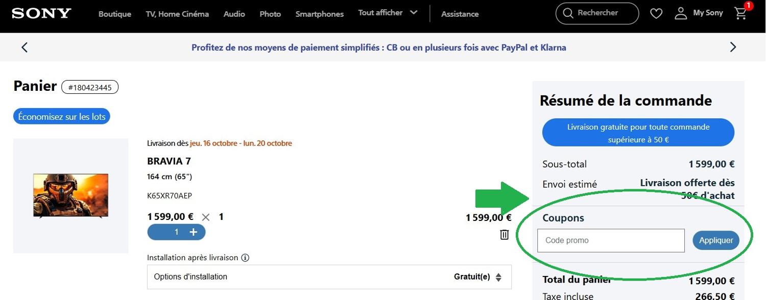 panier d&apos;achat avec emplacement pour code promo Sony