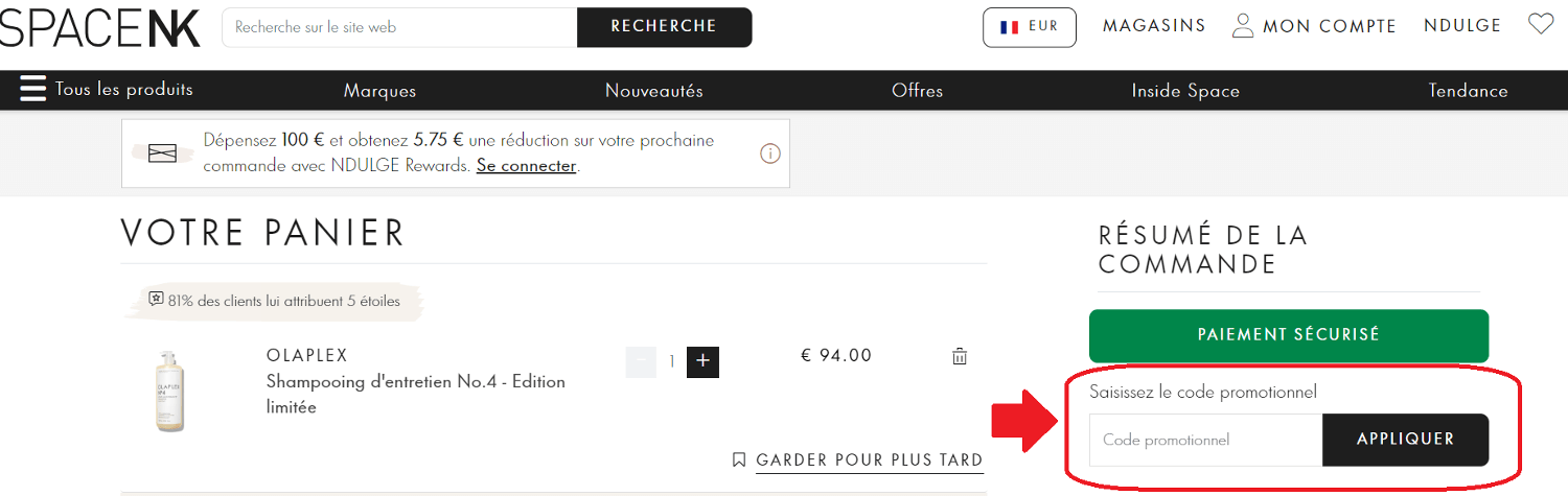 panier d&apos;achat avec emplacement pour code promo Space NK