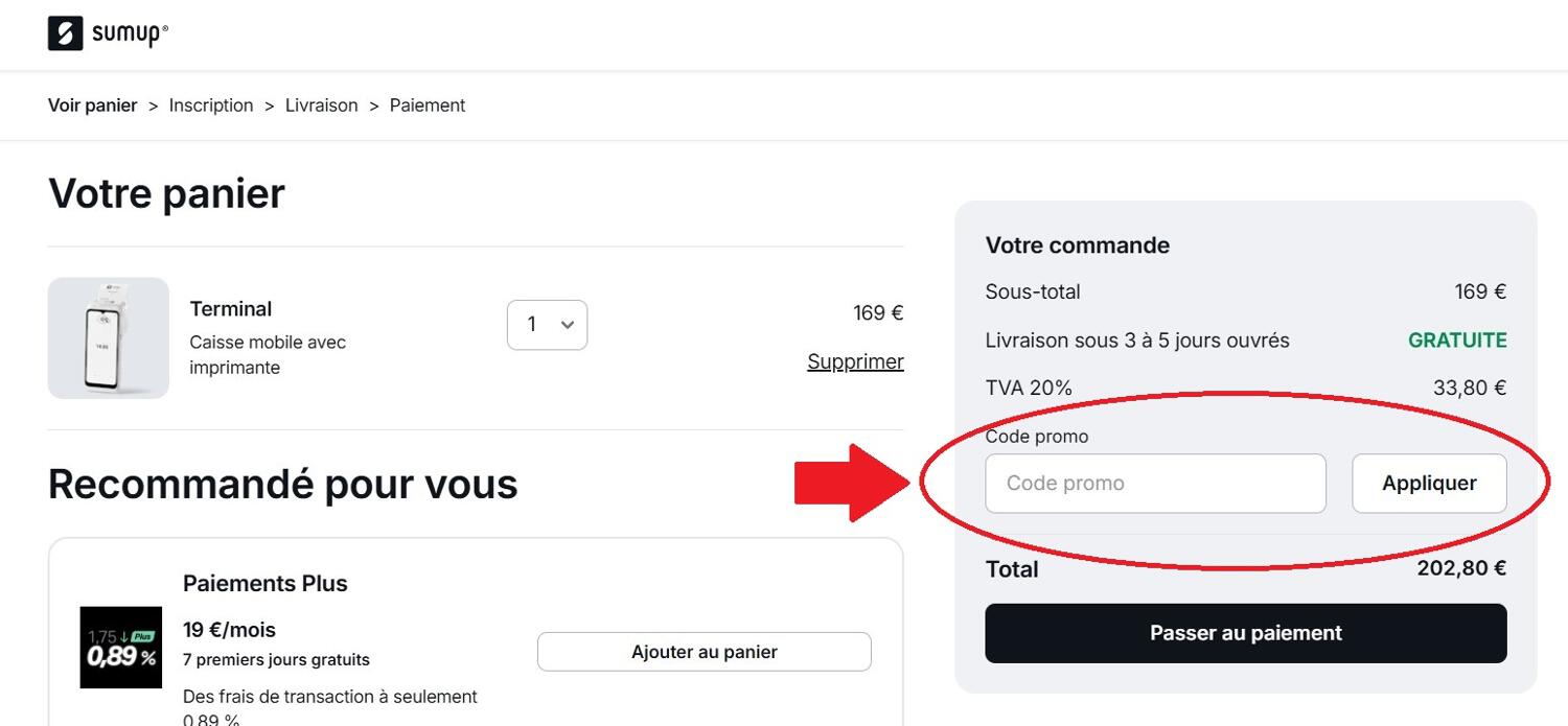 panier d&apos;achat avec emplacement pour code promo SumUp