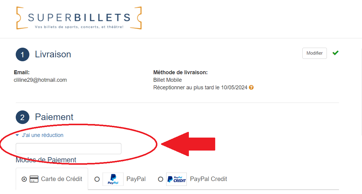 panier avec emplacement pour code promo SuperBillets
