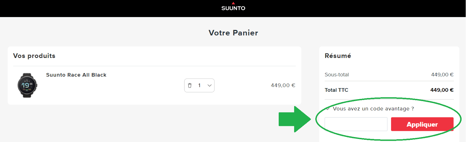 Panier d’achat avec emplacement pour code promo Suunto